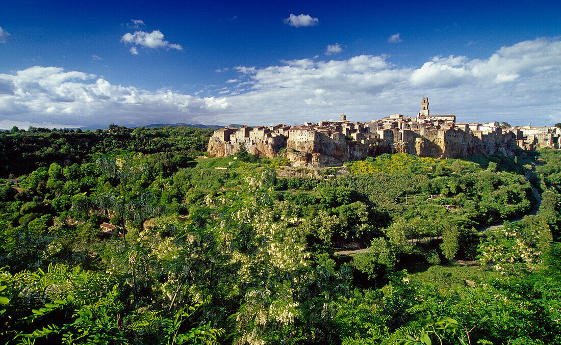 Blick auf die Kleinstadt Pitigliano unter Wolkenhimmel, Toskana, Italien, Europa