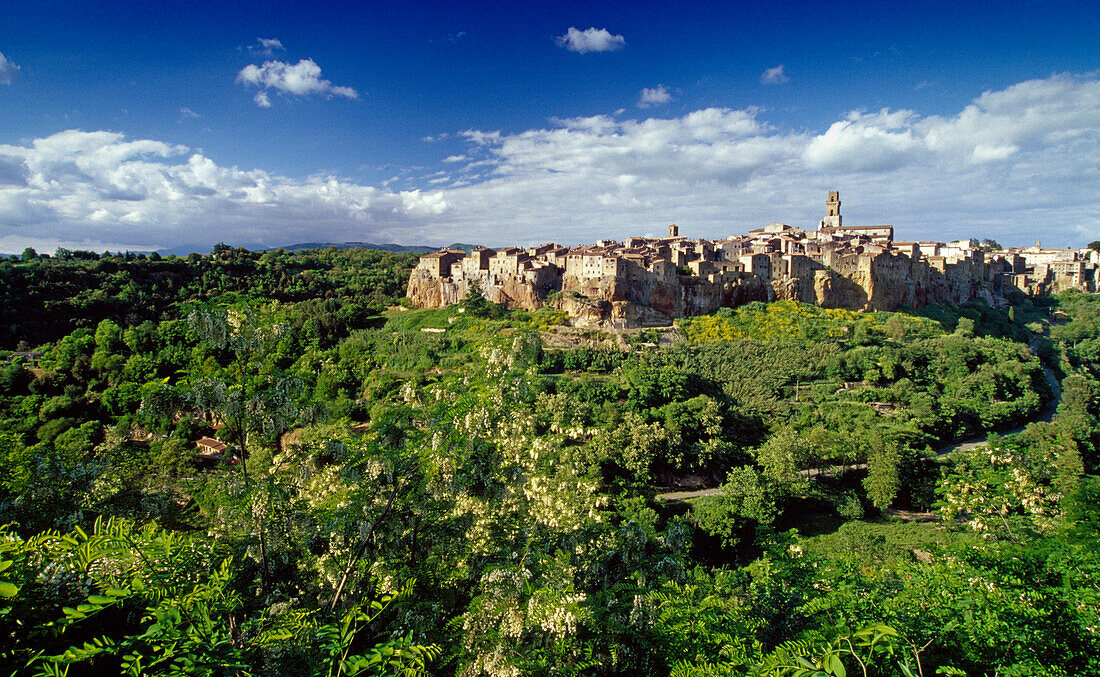 View at the small town Pitigliano under clouded sky, Tuscany, Italy, Europe