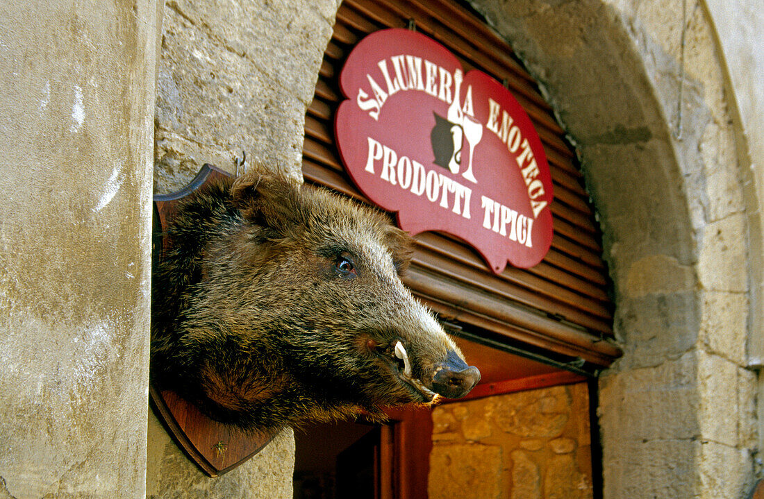 The entrance of a delicatessen, Volterra, Tuscany, Italy, Europe