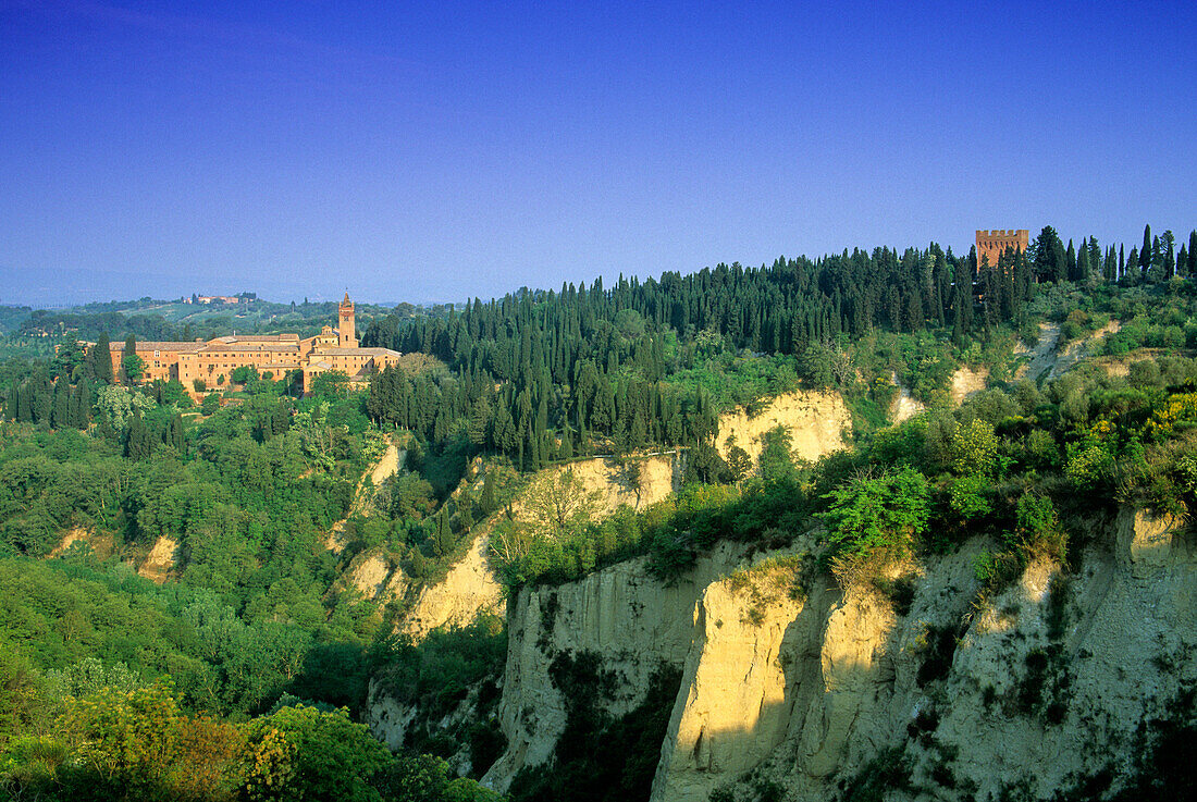 Das Kloster Monte Oliveto Maggiore unter blauem Himmel, Toskana, Italien, Europa
