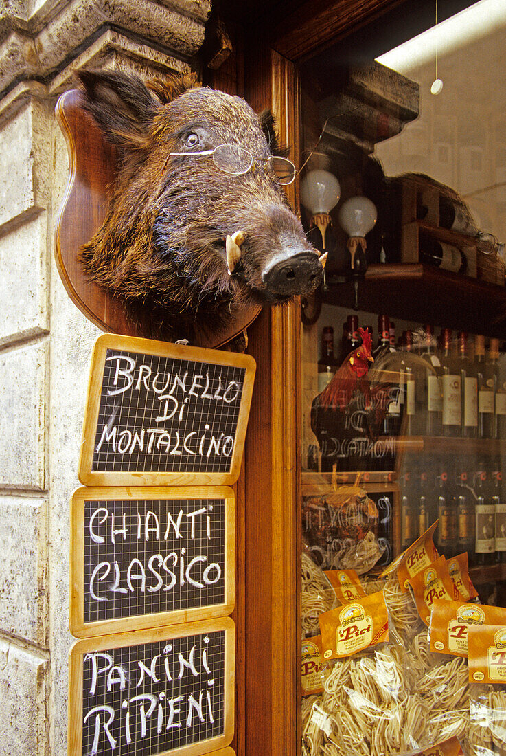 Entrance of a delicatessen, Volterra, Tuscany, Italy, Europe