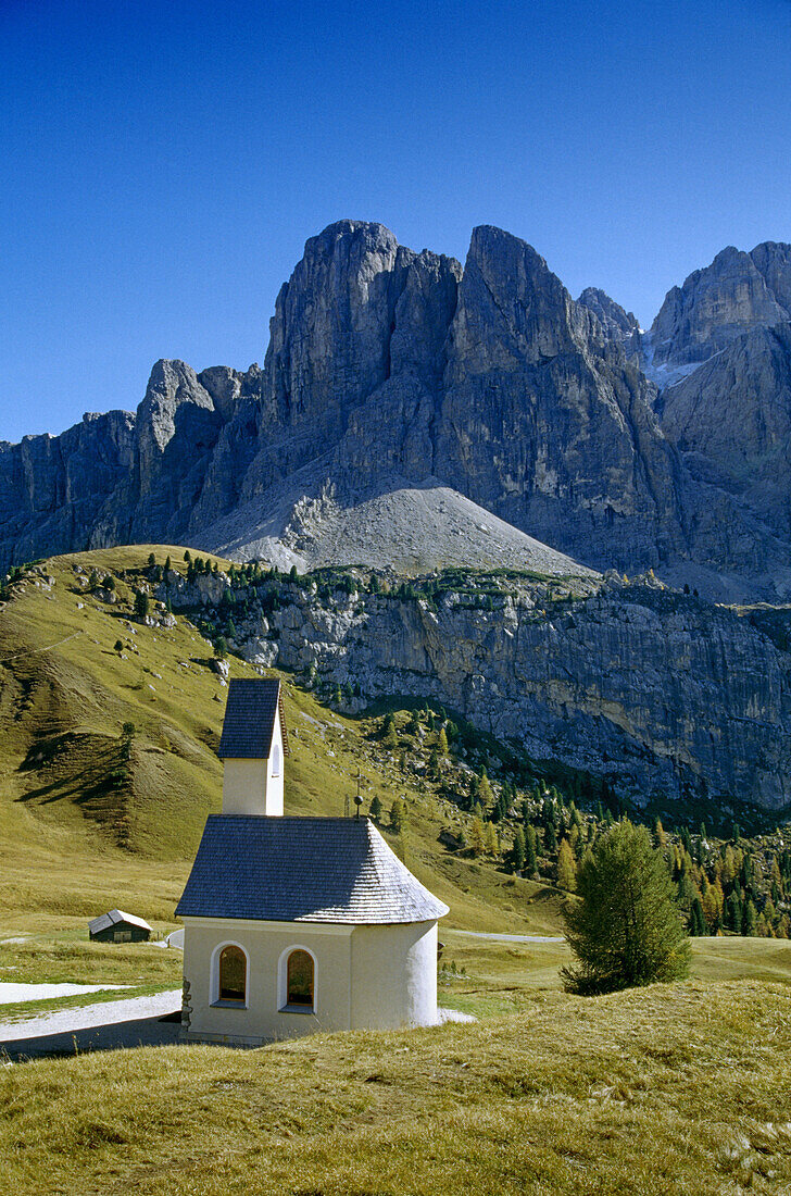 Chapel at Passo di Gardena, Gruppo di Sella, Dolomite Alps, South Tyrol, Italy