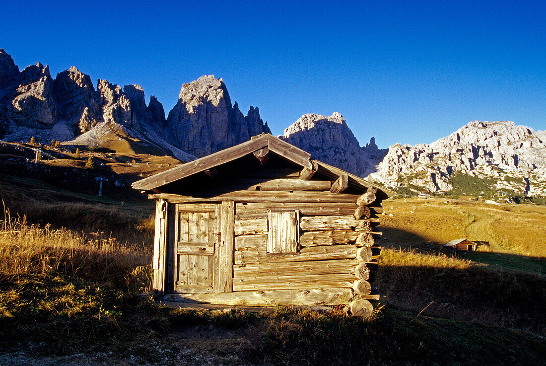Alpine hut, Passo di Gardena, Dolomite Alps, South Tyrol, Italy
