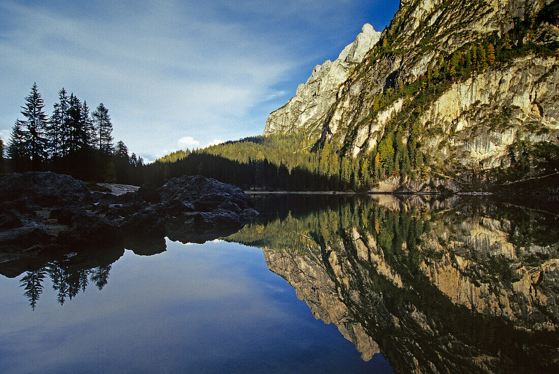 Lake with reflection, Lago di Braies, Dolomite Alps, South Tyrol, Italy