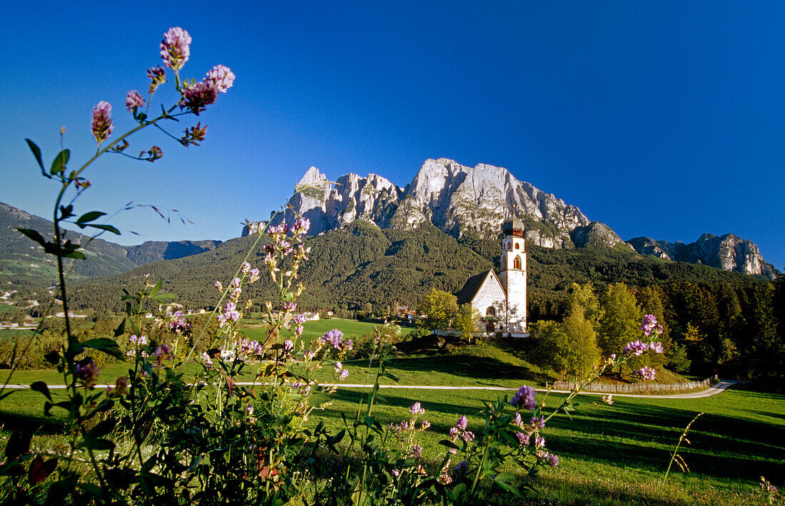 San Constantino chapel, view to Monte Sciliar, Dolomite Alps, South Tyrol, Italy