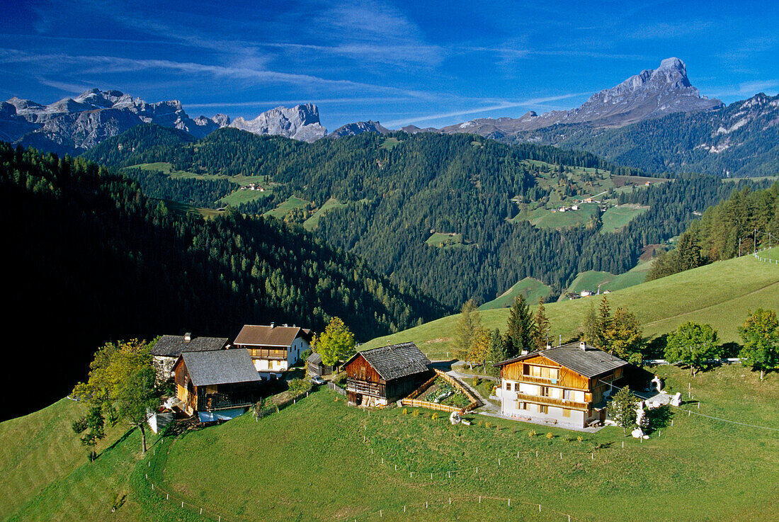 Farm houses at Wengen, La Val, Val Badia, Dolomite Alps, South Tyrol, Italy