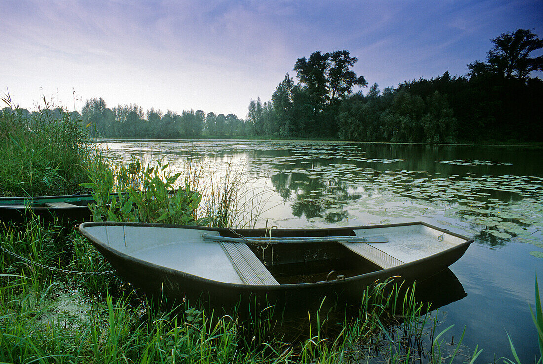 Boats on a pond, near Rindern, Lower Rhine Region, North Rhine-Westphalia, Germany