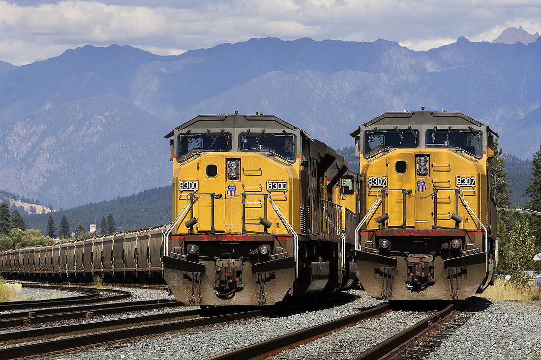 Two Union Pacific trains in British Columbia, Canada, in Canadian Pacific territory.