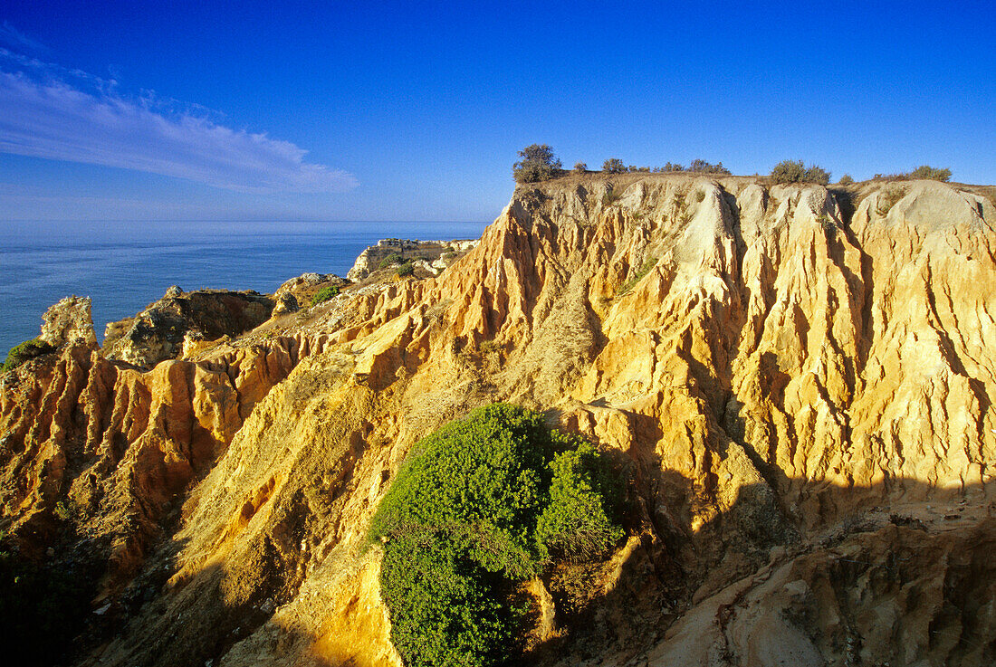 Rocky coast under blue sky, Praia da Marinha, Algarve, Portugal, Europe