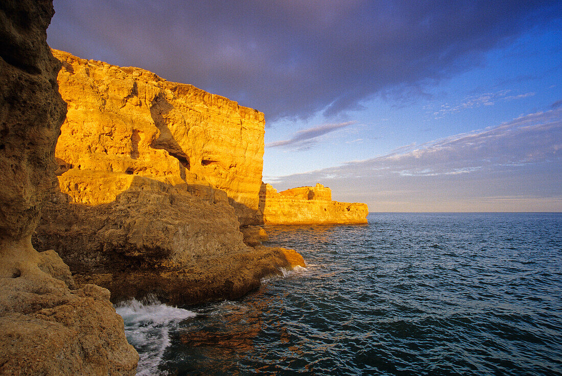 Rocky coast Algar Seco in the light of the evening sun, Algarve, Portugal, Europe
