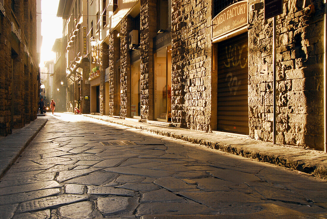 Woman at an alley in the sunlight, Borgo Santi Apostoli, Florence, Tuscany, Italy, Europe