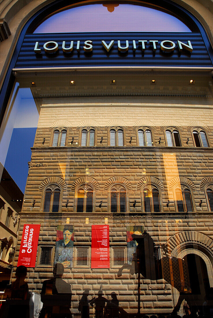 Reflecting shop window of Designer Shop Louis Vuitton, Piazza Strozzi, Florence, Tuscany, Italy, Europe