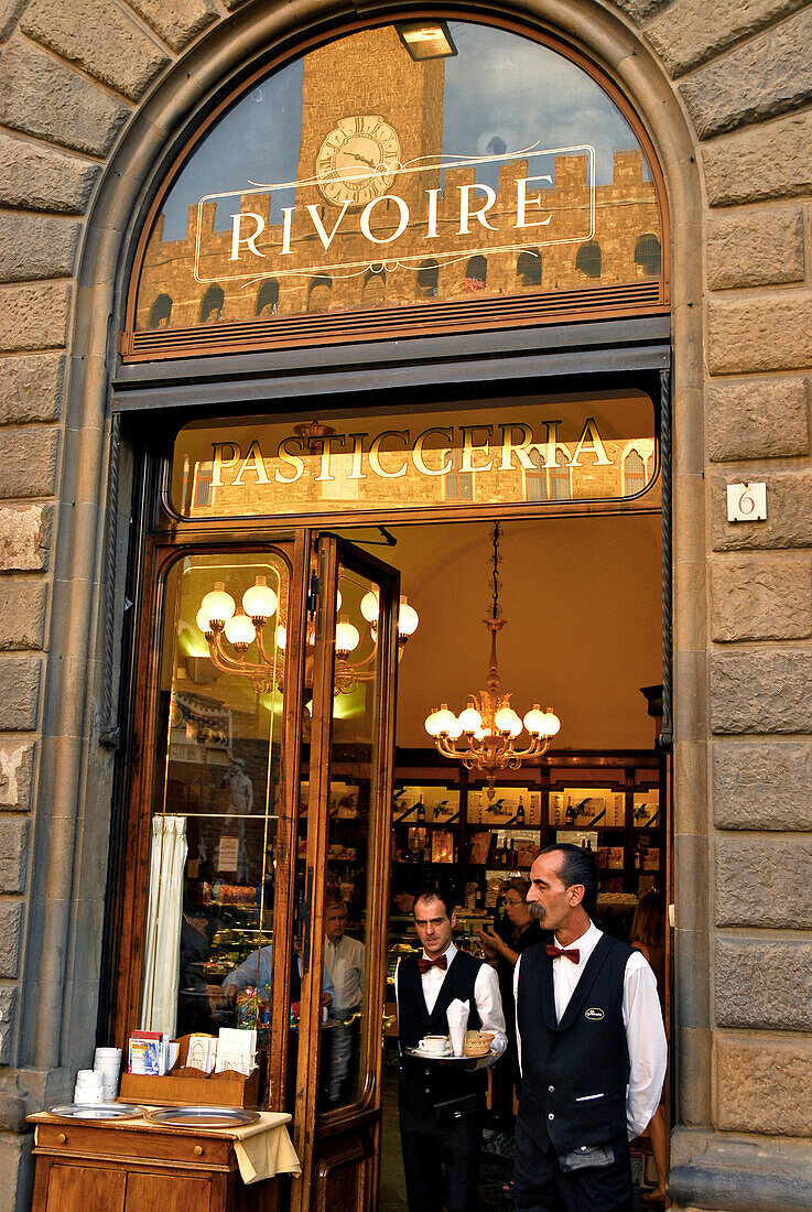 Two waiters at the entrance of the cafe Rivoire, Piazza della Signoria, Florence, Tuscany, Italy, Europe