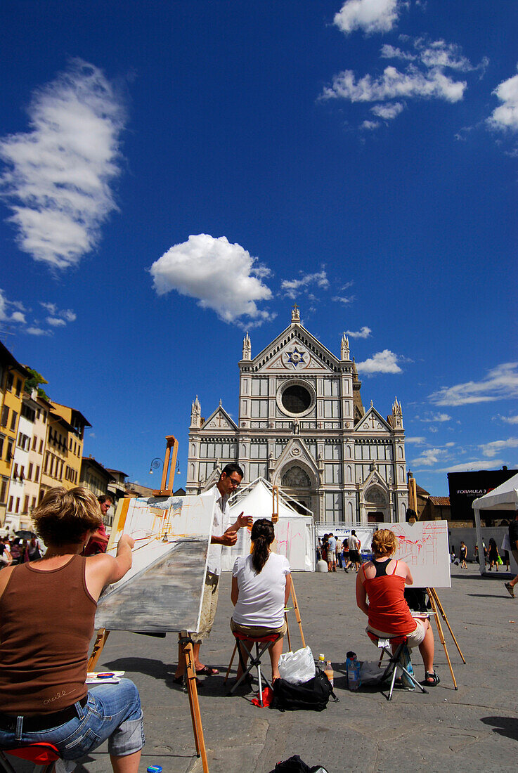 Painting class in front of Santa Croce church under blue sky, Piazza Santa Croce, Florence, Tuscany, Italy, Europe