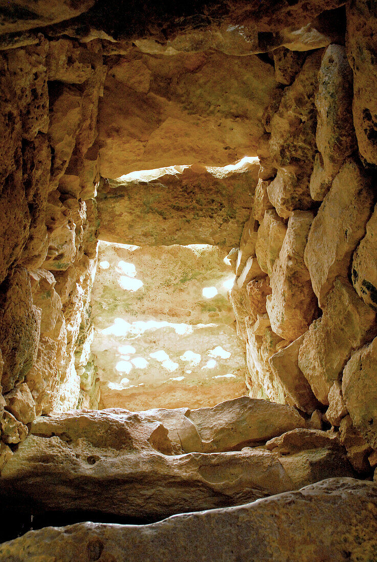 Inside the prehistoric momument Nau des Tudons, Minorca, Balearic Islands, Spain