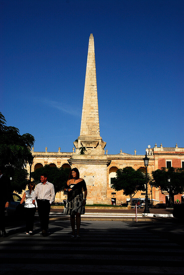 Obelisc at Placa d´es Born at town hall, Ciutadella, Menorca, Balearics, Spain