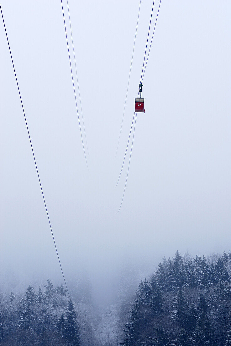 Gondola in fog, Chiemgau range, Chiemgau, Upper Bavaria, Bavaria, Germany