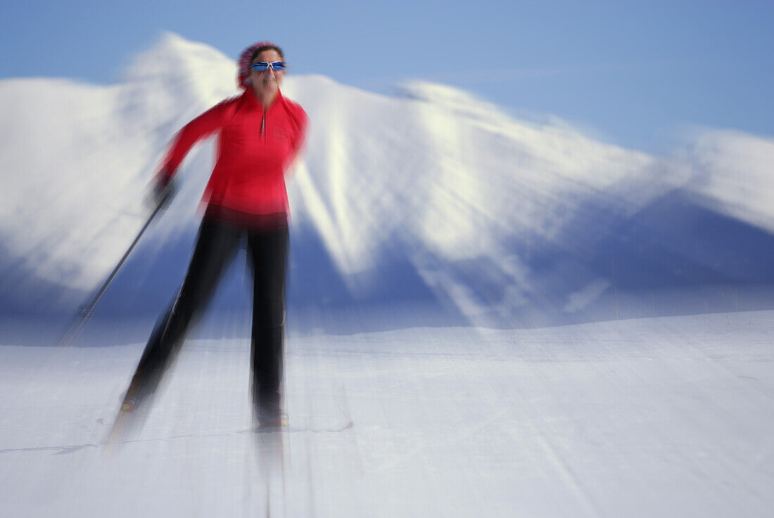 Woman cross-country skiing, Mieming, Tyrol, Austria