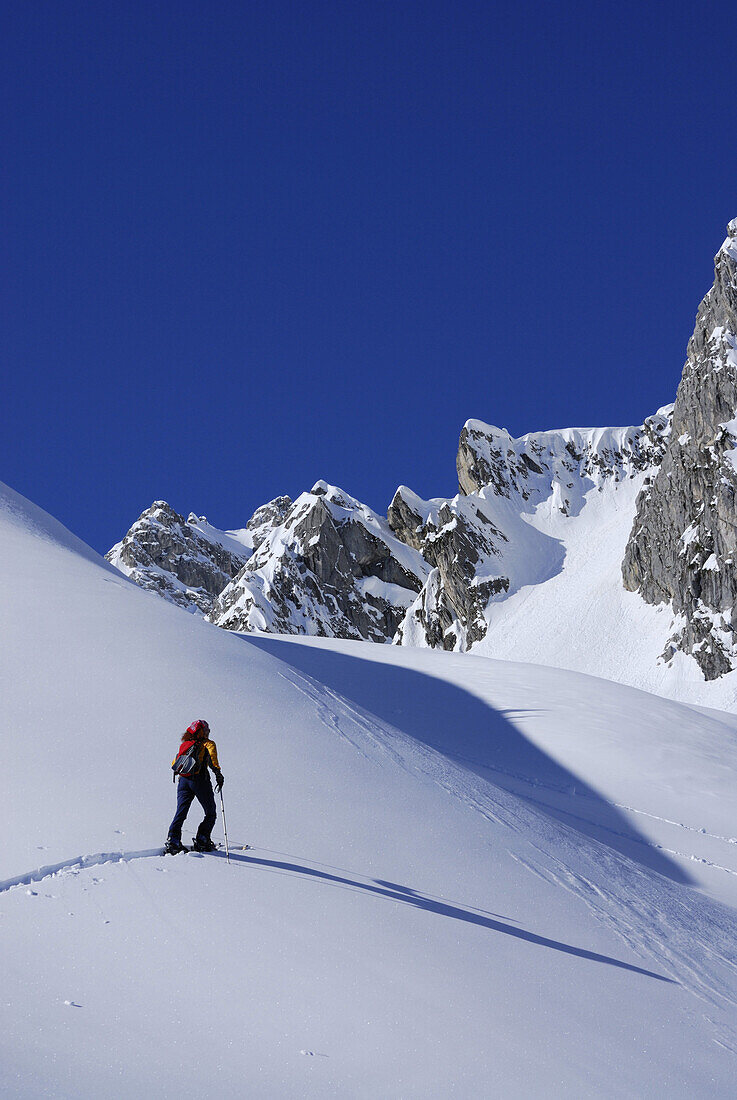 Backcountry skier ascending, Tajatoerl, Mieming range, Tyrol, Austria
