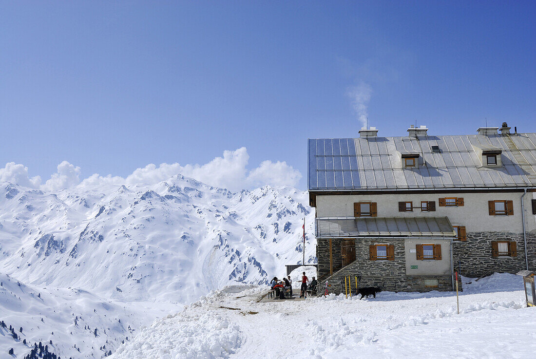 Alpine lodge Rastkogelhuette in winter, Tux Alps, Tyrol, Austria