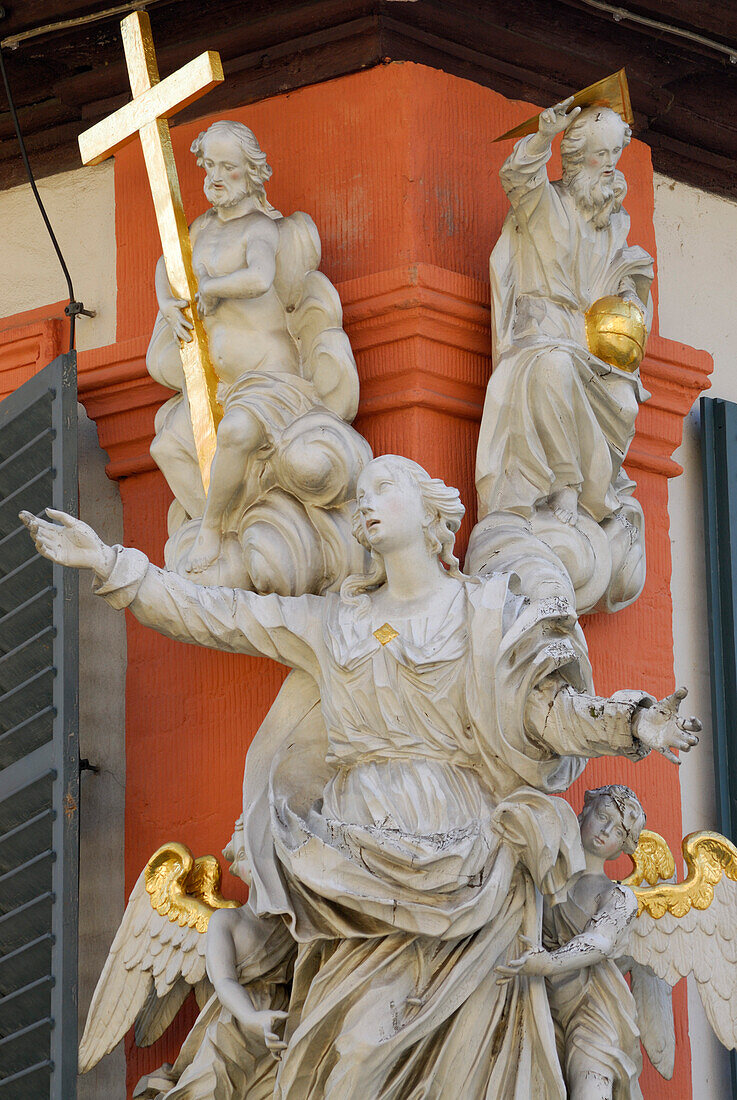 Madonna figure at a house front, Bamberg, Upper Franconia, Bavaria, Germany