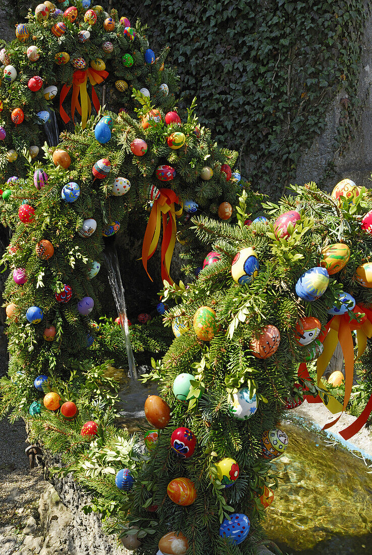 Easter decorated fountain, Goessweinstein, Upper Franconia, Bavaria, Germany