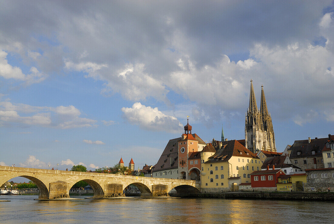 View to Old Town with Regensburg cathedral, Regensburg, Upper Palatinate, Bavaria, Germany