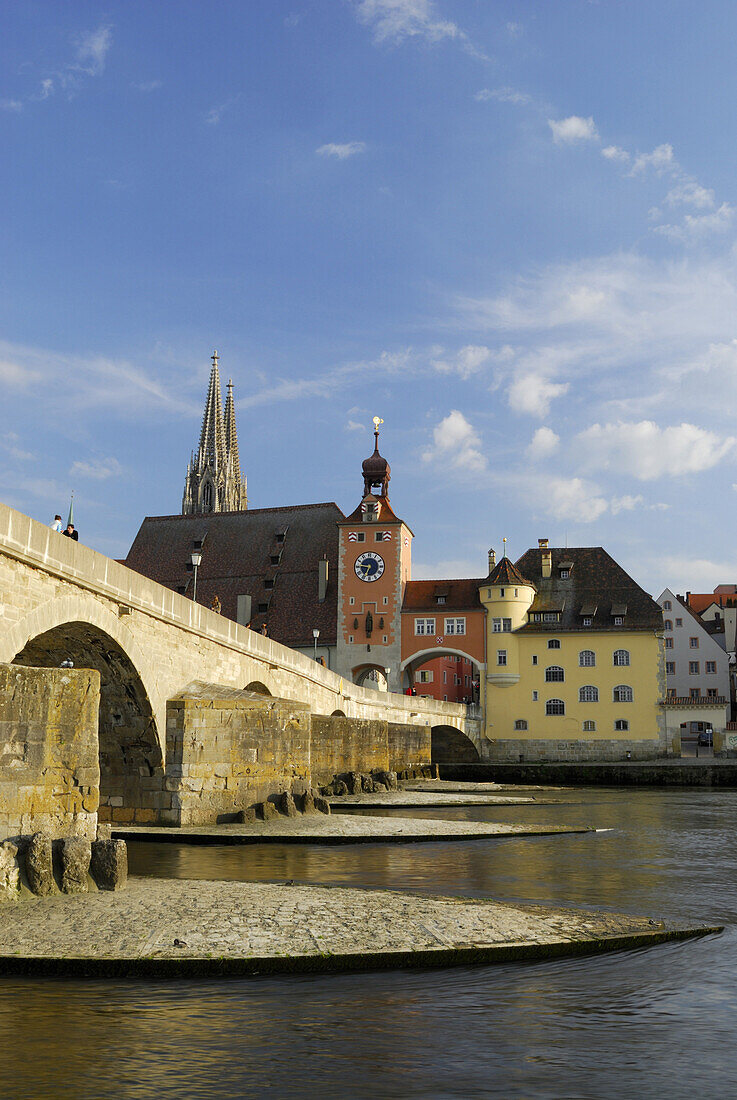 View to Old Town with Regensburg cathedral, Regensburg, Upper Palatinate, Bavaria, Germany