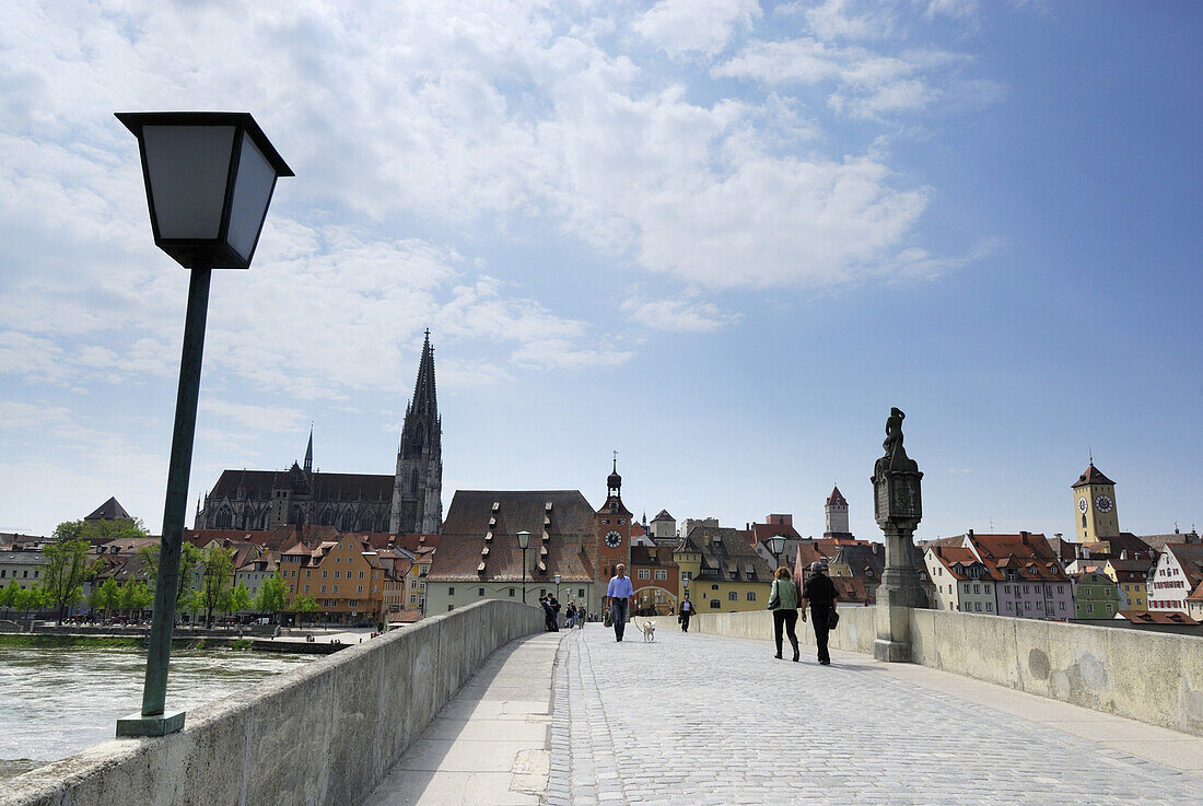 View over Stone Bridge to Regensburg Cathedral, Regensburg, Upper Palatinate, Bavaria, Germany
