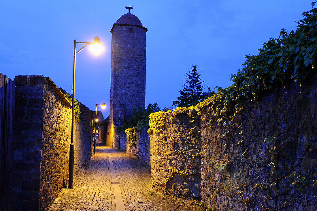 Old city wall at night, Hammelburg, Lower Franconia, Bavaria, Germany