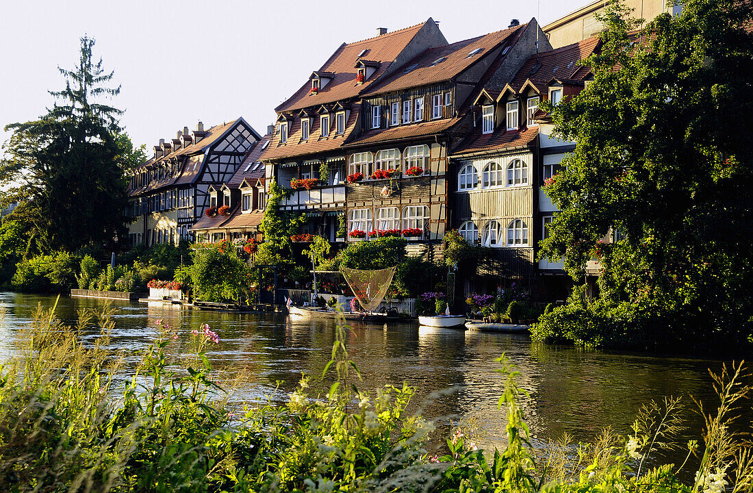 Houses at riverside, Bamberg, Upper Franconia, Bavaria, Germany