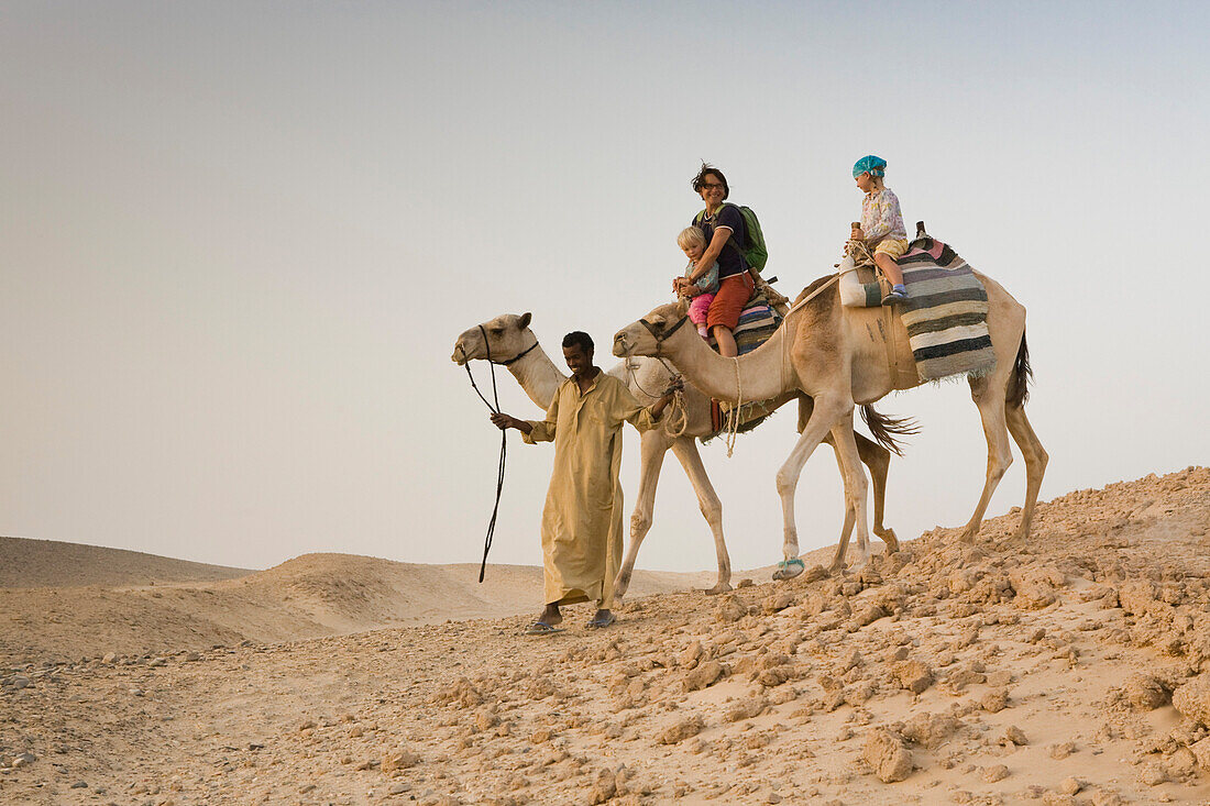 A man, a bedouin leading two camels with tourists, a mother and two children, Marsa Alam desert, Red Sea, Egypt