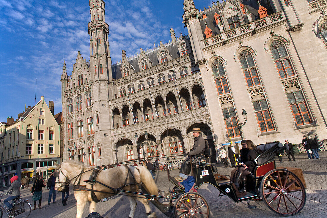 Provincial Goverment Palace with horse drawn carriage, Market square, Bruges, Belgium