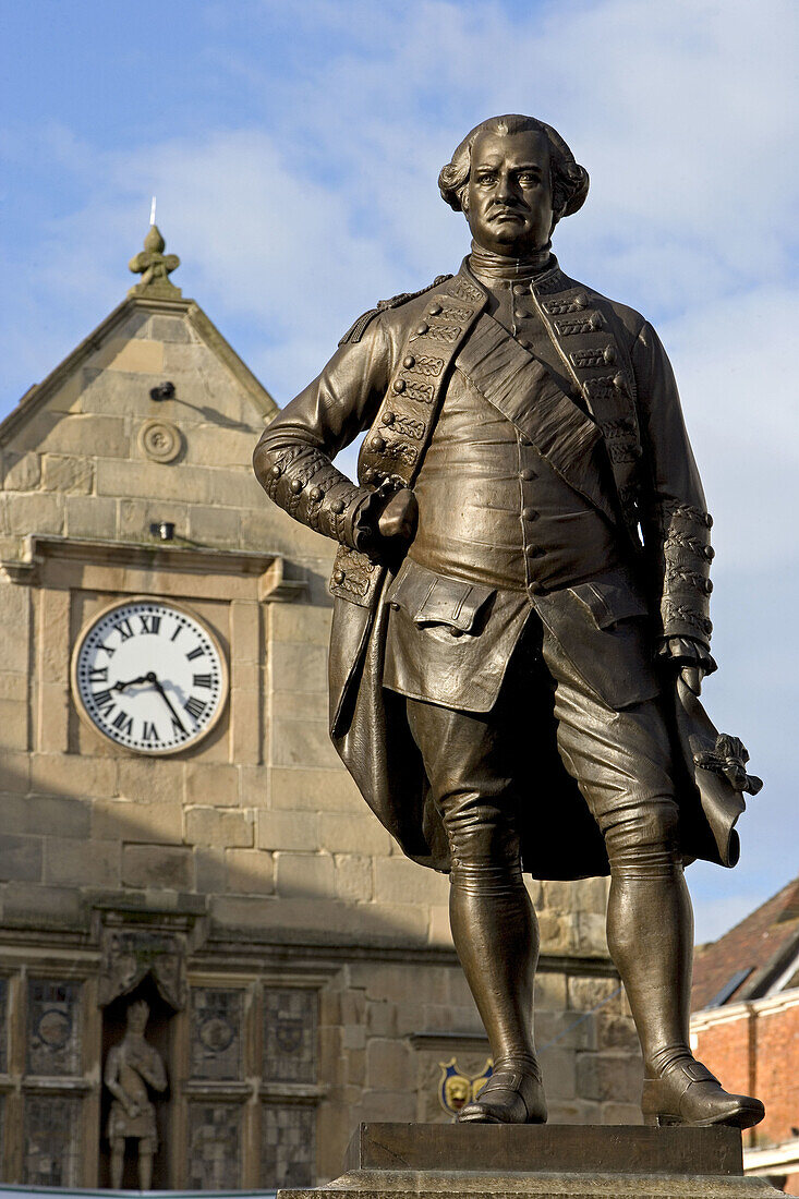 Shrewsbury, statue of Clive, Old Market Hall, Shropshire, UK