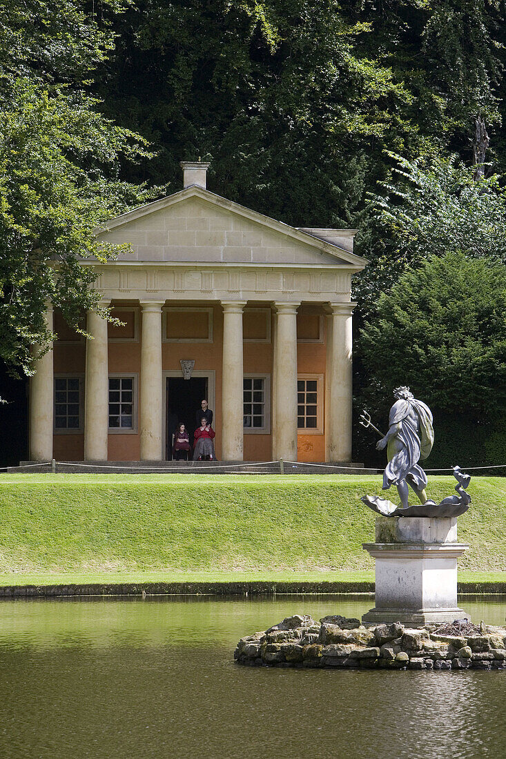 Studley Royal Gardens, water garden, for John Aislabie, 1718, River Skell, Temple of Piety, Moon Pond, statue of Neptune, North Yorkshire, UK