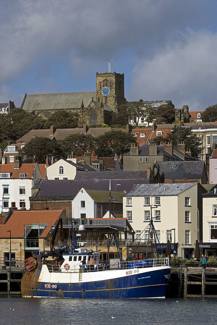 Scarborough, sea front, harbour, St. Marys Church, North Yorkshire, UK, typical buildings