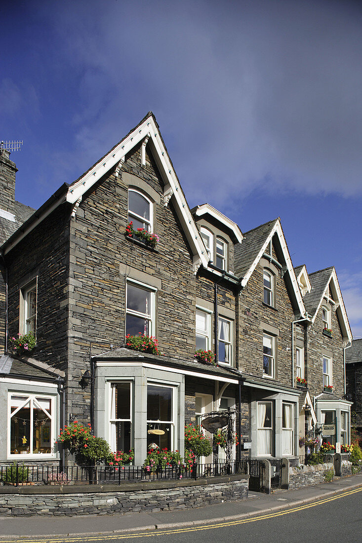 Ambleside, 19th century town, Compston Road, typical buildings, Lake District, Cumbria, UK