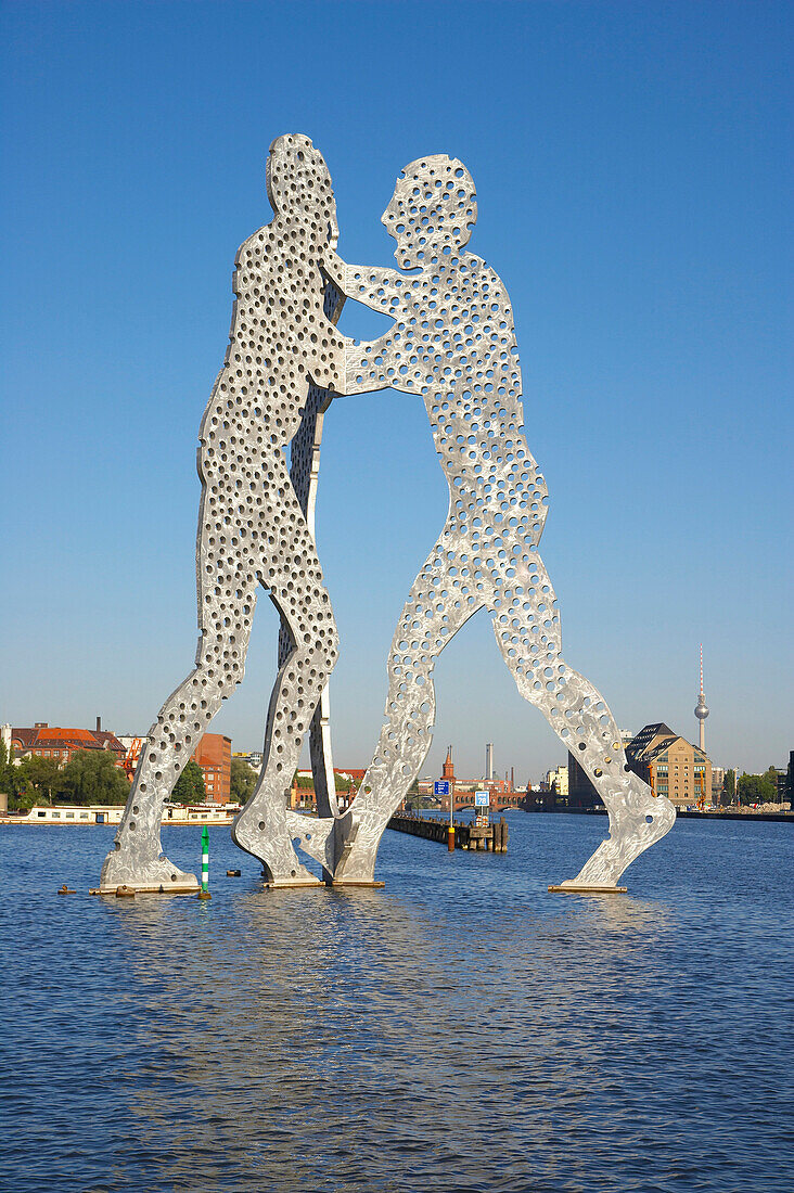 with the houseboat through Berlin, sculpture 'Molecule Man' in the Spree near Osthafen, Germany, Europe