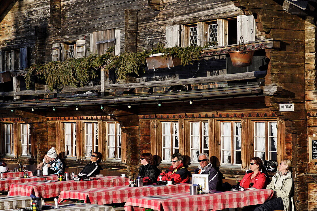 Terrace of Horneggli mountain restaurant, Schoenried, Gstaad, Bernese Oberland, Canton of Berne, Switzerland