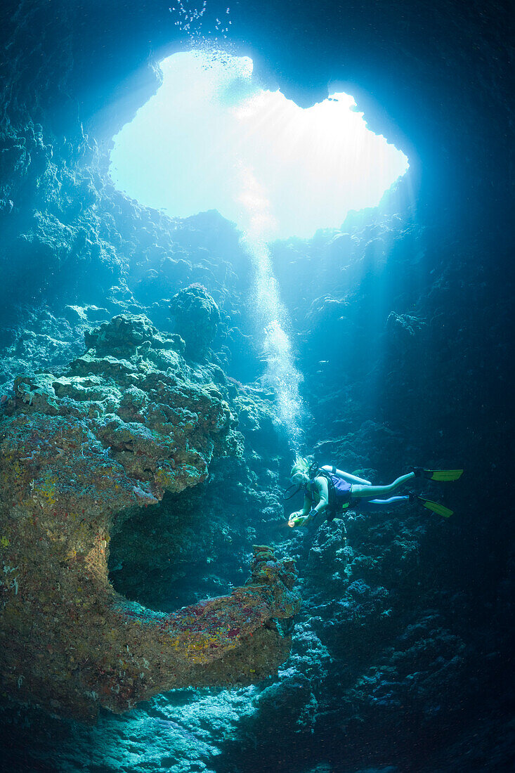 Taucher in Blue Hole Unterwasser-Hoehle, Mikronesien, Palau