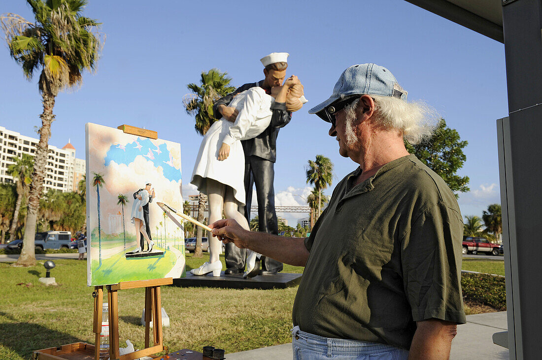 Artist Painting Statue called Unconditional Surrender Sarasota Bayfront Park