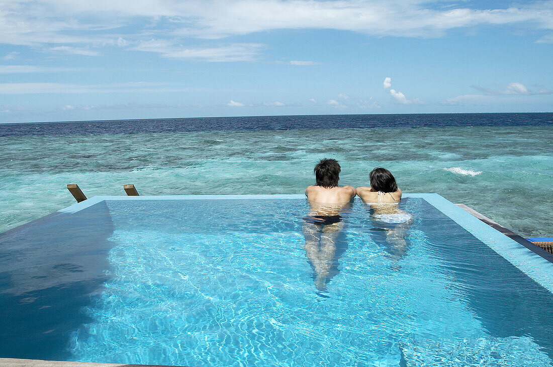 Seascape in water villa swimming pool. Maldives Island, Indian Ocean.