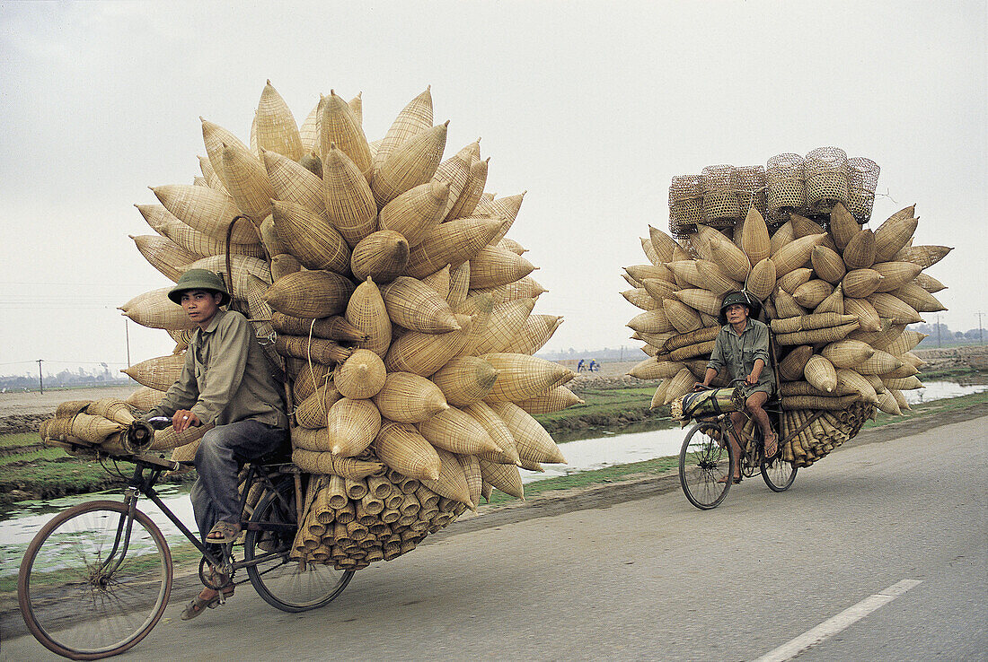 Cyclists carrying fish pots, Hanoi road, Vietnam