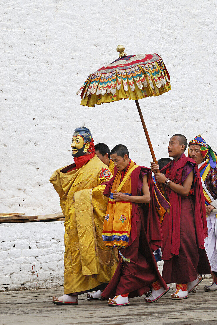 Representation of the heroic deeds of the shabdrung, Bhutan's greatest ruler who unified the country in the 1630s, punakha tsechu festival, punakha, Bhutan