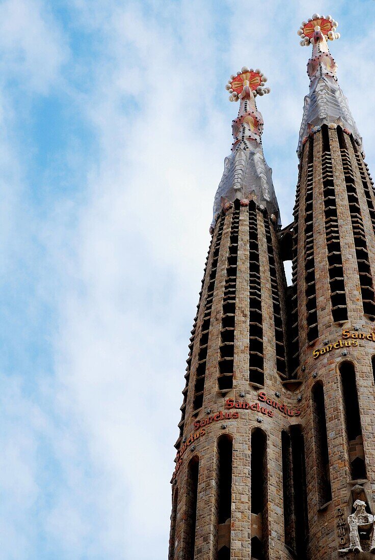 Bell towers of the Sagrada Familia church, by Gaudi. Barcelona. Spain