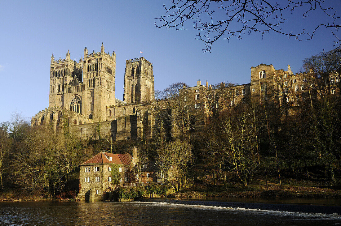 Durham Cathedral in winter sunshine, overlooking the Fulling Mill along the River Wear, Durham City, County Durham, England.