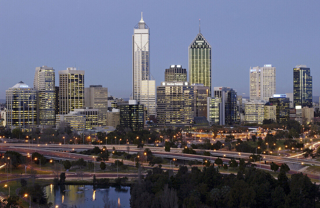 Perth skyline at twilight, Western Australia, Australia.