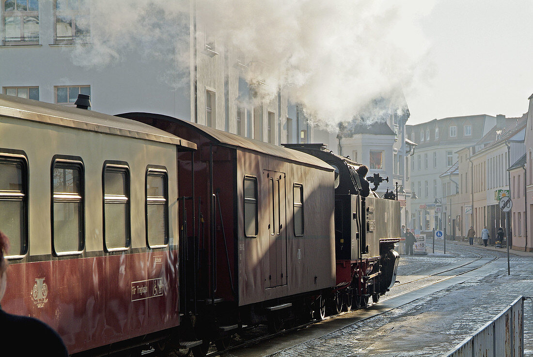 Germany, Mecklenburg-Western Pomerania, Bad Doberan; historic train Molly in wintertime