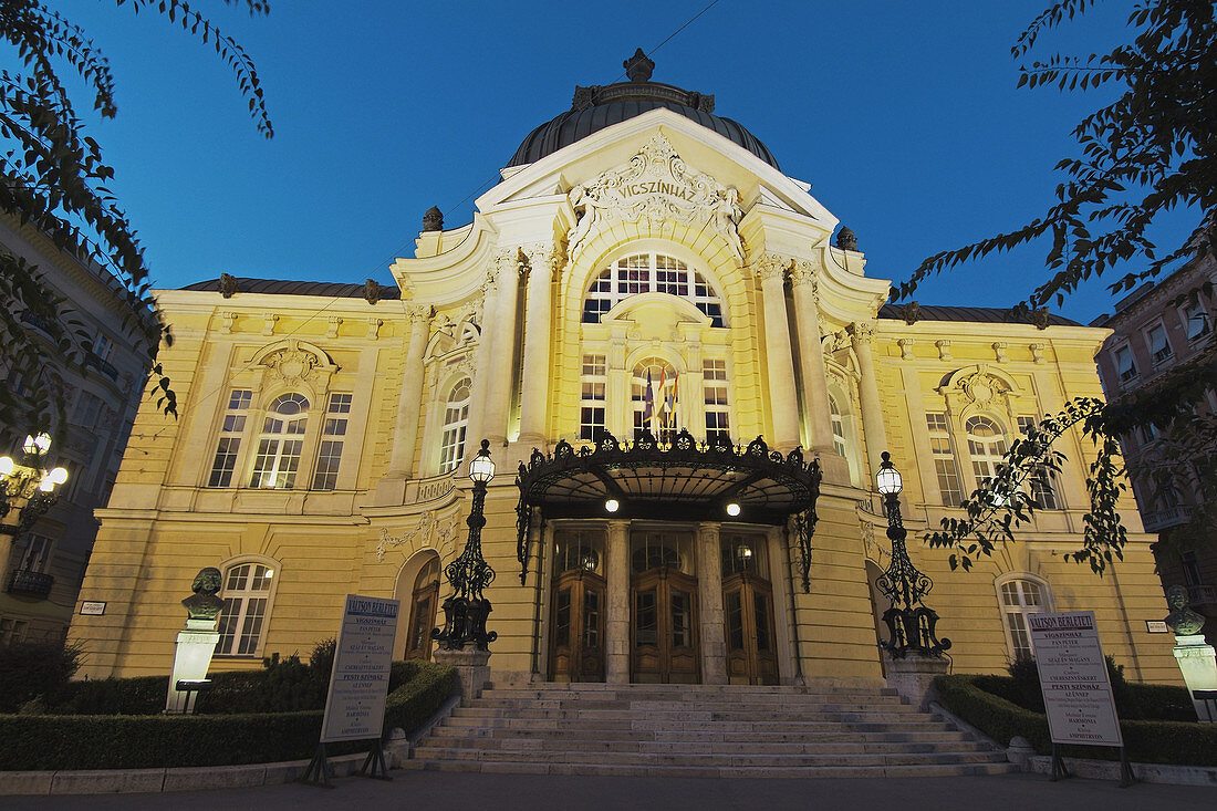 Vígszinház-Theatre in the Szent István körút Street, evening mood.  Budapest, Hungary.