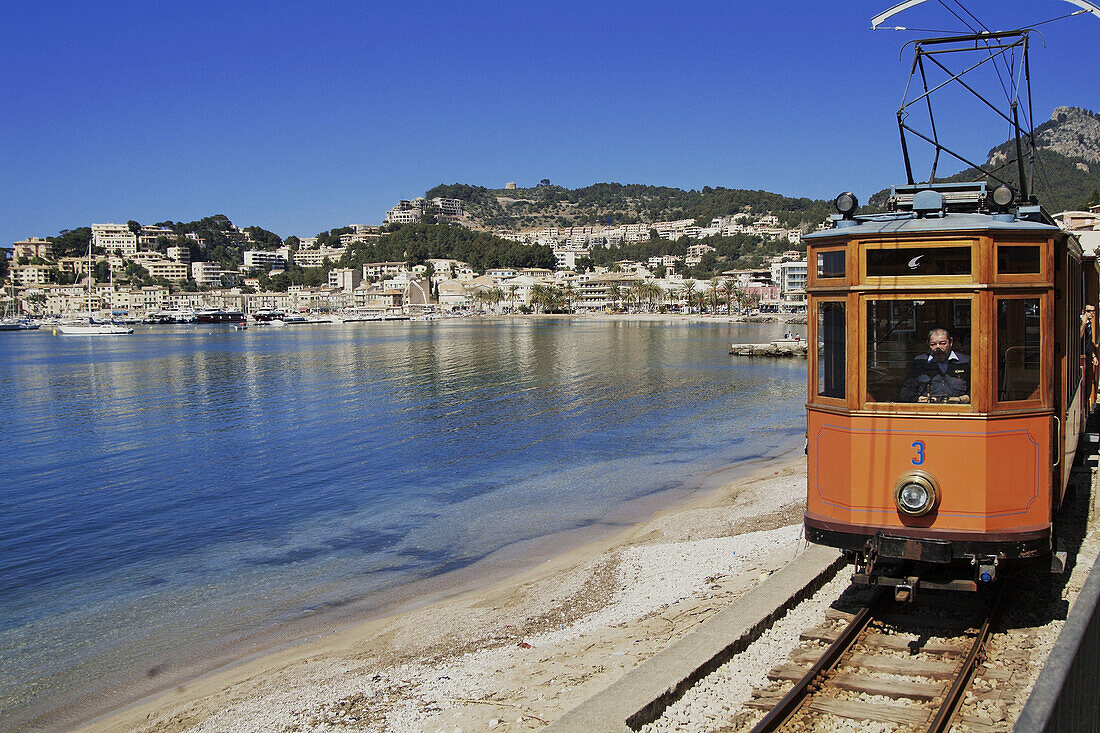 Port de Soller with the historical tram, Mallorca, Balearic Islands, Spain